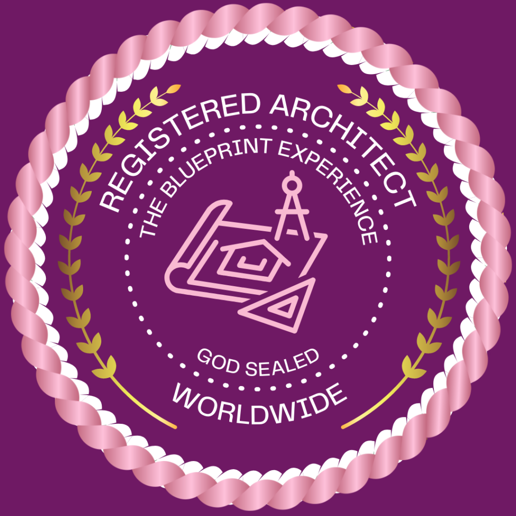This is a Architecture seal with circles and words describing the concepts of God being our Registered Architect! The BluePrint Experience Graphic for a Club on Clubhouse. 